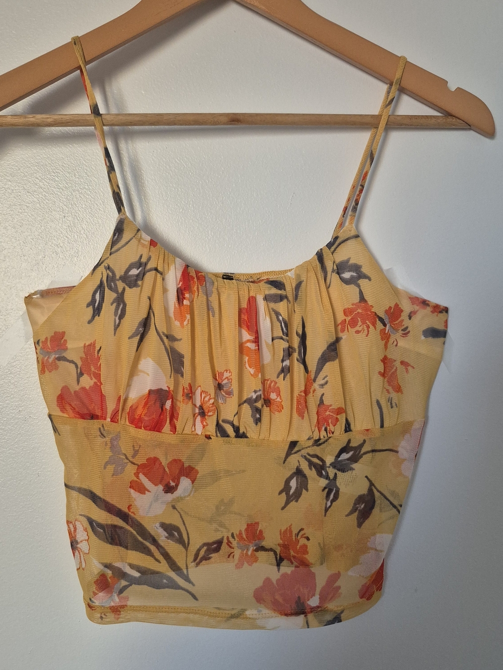Shelly Floral Mesh Cami Top Size L Ruched Bust Spaghetti Strap Orange Yellow